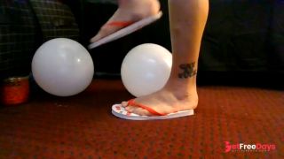 Cherry Flip Flops Sandals Busting 2 White Balloons Partial Blown Balloon Popping