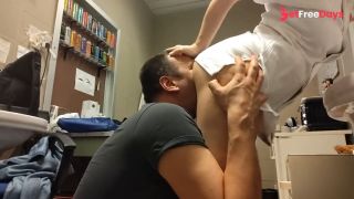 the coroner licks my ass in the morgues dressing room. Then he fucks me, I squirt and he cum on me