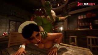 Whore barmaid serves last call for orc patron