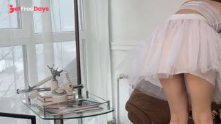 yoga and cleaning in short transparent skirt