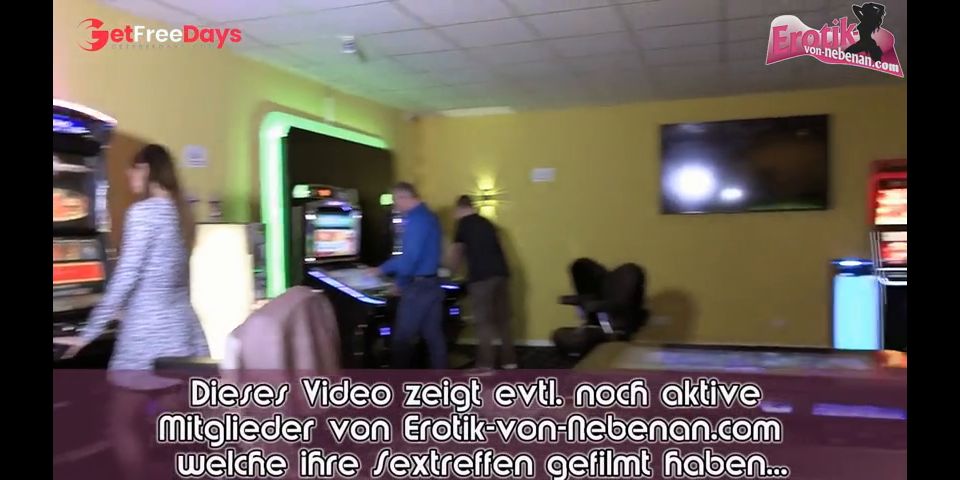 Young brunette slut milking cock from several men in the arcade
